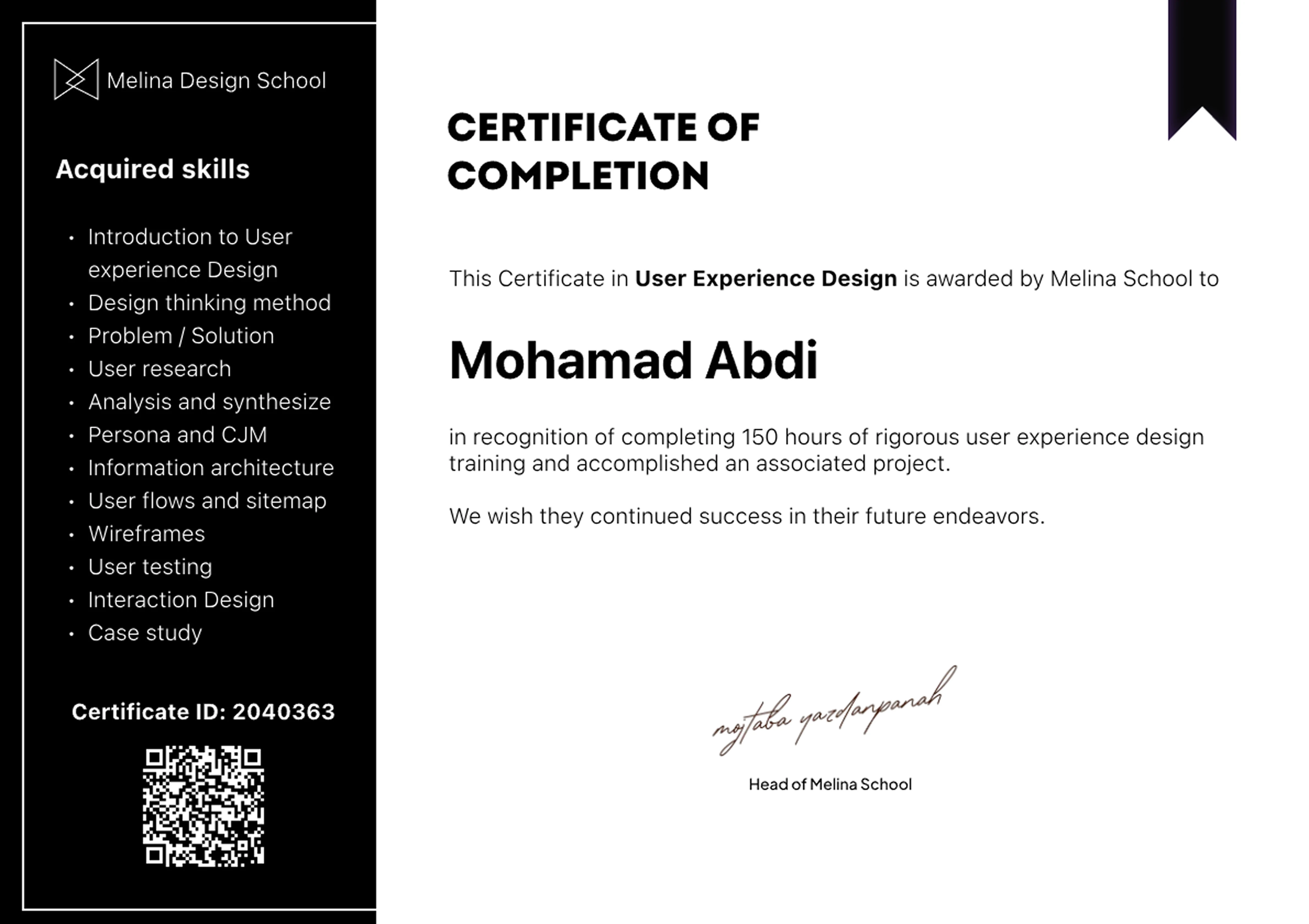 User Experience Design certificate awarded to Mohamad Abdi